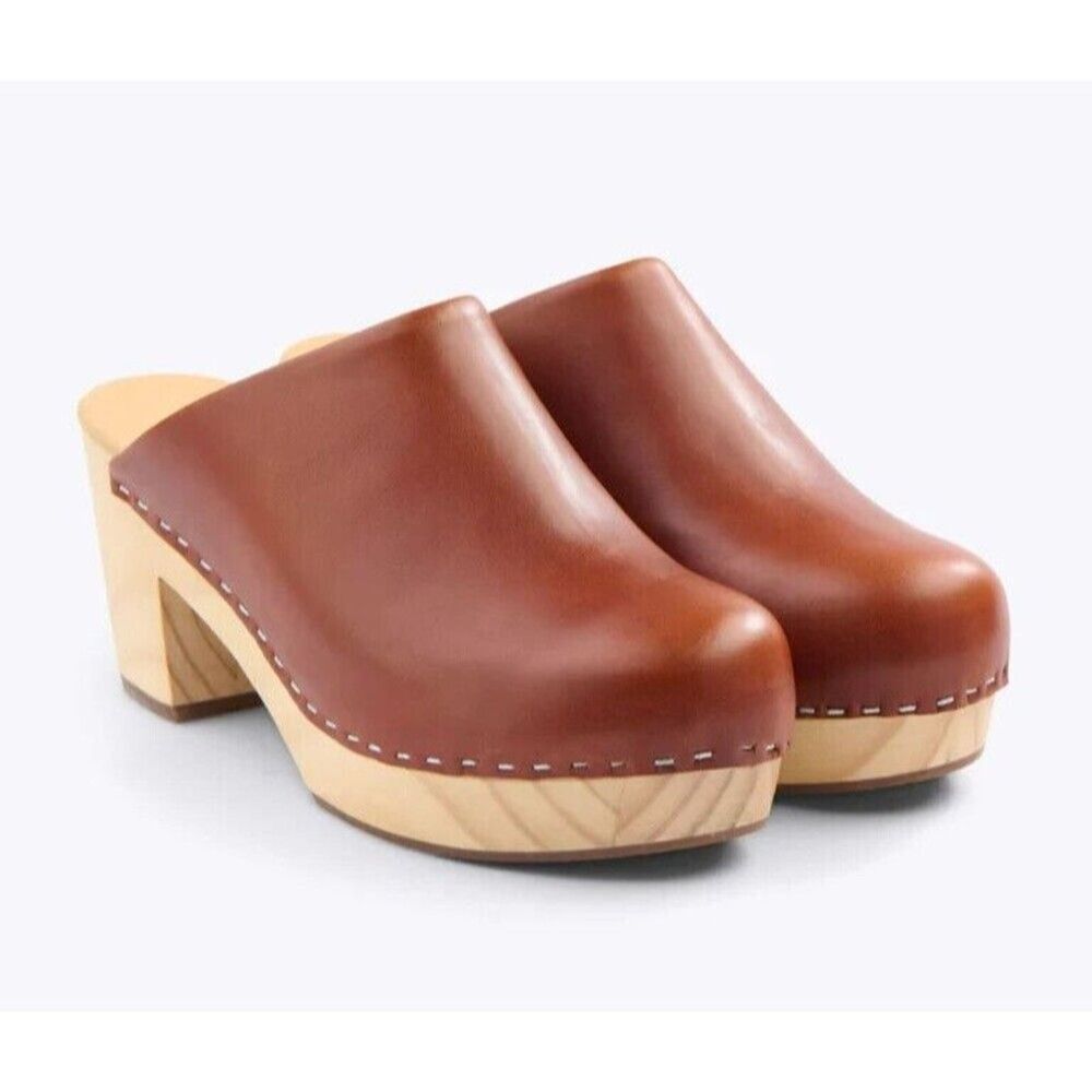 Nisolo Leather Closed Toe Slip On Wooden All Day Mule Heeled Clog BRANDY SZ 5